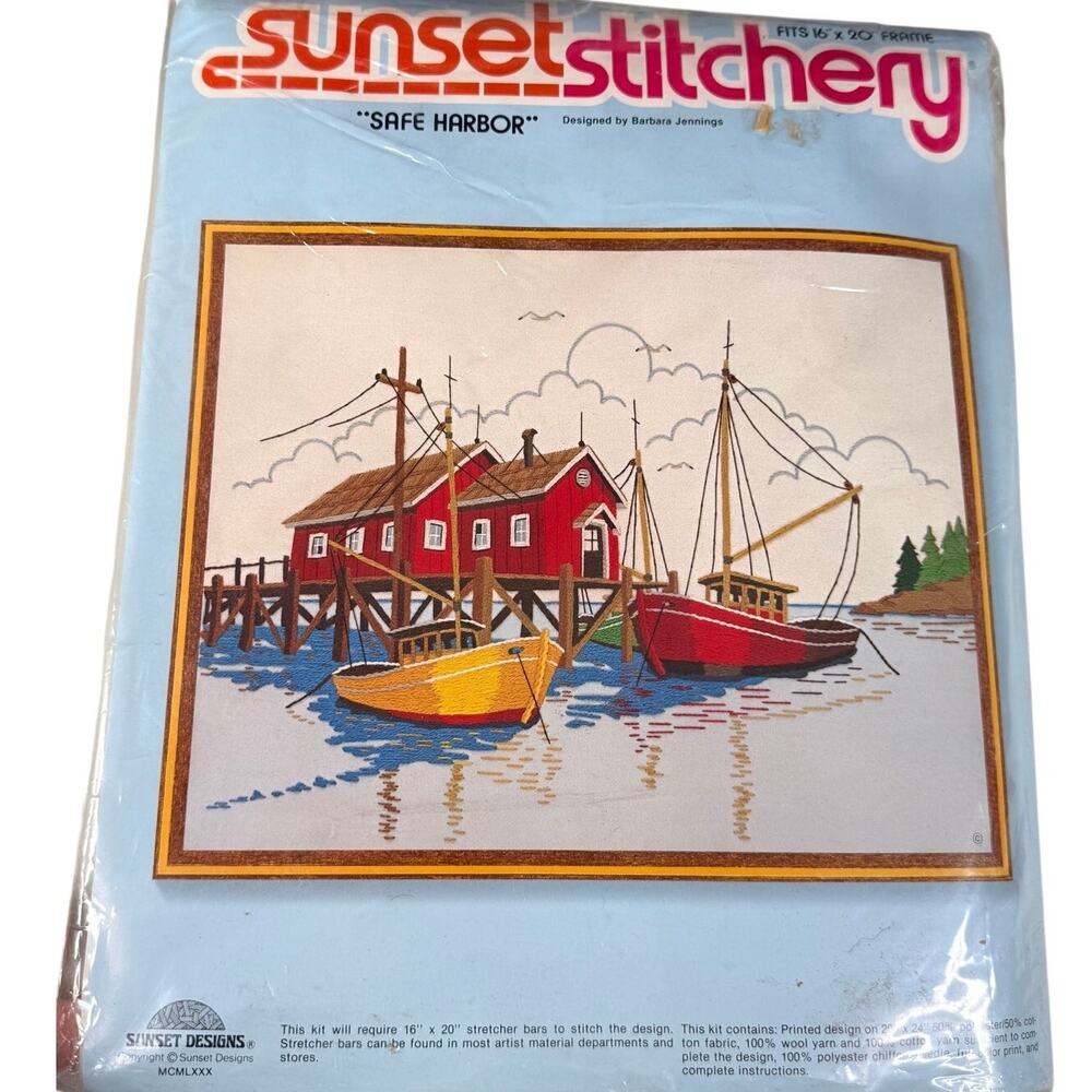 Vintage 1980 Sunset Stitchery Safe Harbor #2510 Embroidery Kit Nautical Boats
